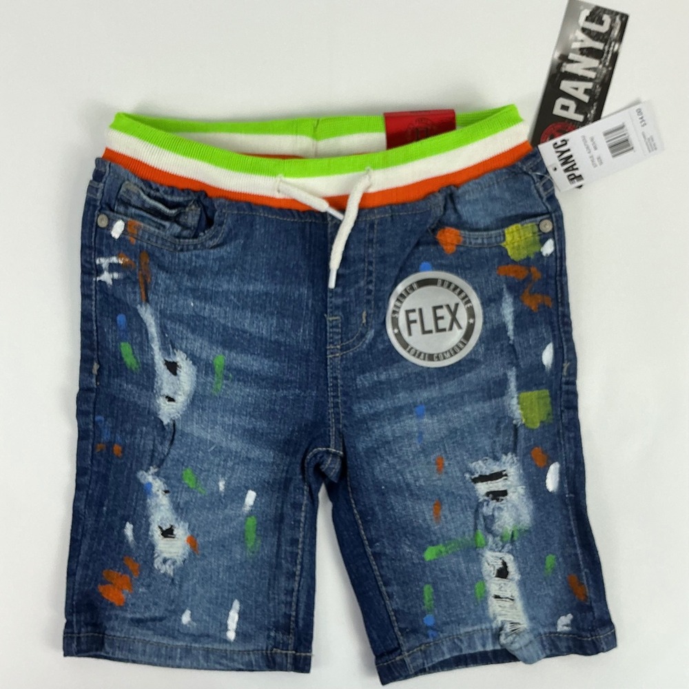 PANYC Boys Denim Shorts Size M 5/6 Blue Distressed Paint Splatter Elastic Waist‎